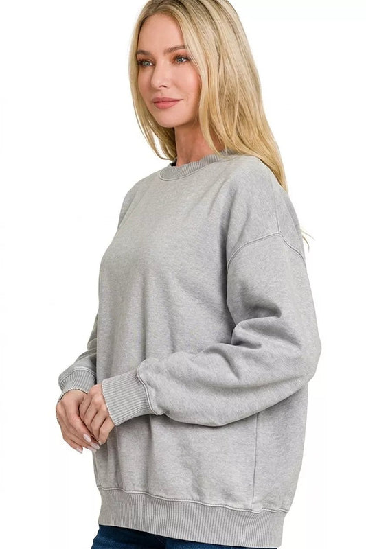 Zenana Fleece Acid Enzyme Washed Round Neck Sweatshirts - Bitsy Gypsy Boutique