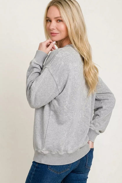 Zenana Fleece Acid Enzyme Washed Round Neck Sweatshirts - Bitsy Gypsy Boutique