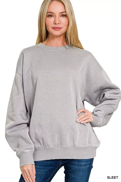 Zenana Fleece Acid Enzyme Washed Round Neck Sweatshirts - Bitsy Gypsy Boutique