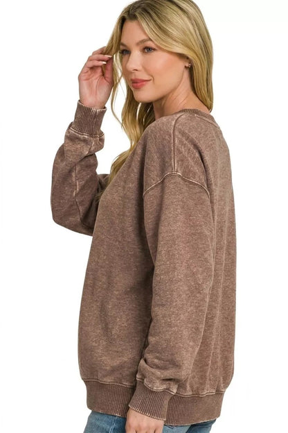 Zenana Fleece Acid Enzyme Washed Round Neck Sweatshirts - Bitsy Gypsy Boutique