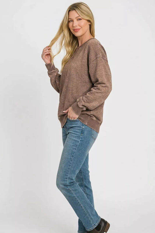 Zenana Fleece Acid Enzyme Washed Round Neck Sweatshirts - Bitsy Gypsy Boutique