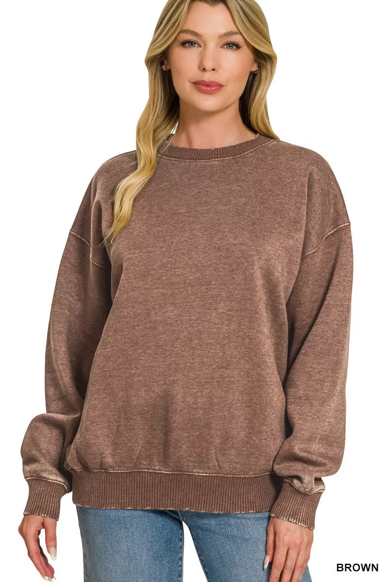 Zenana Fleece Acid Enzyme Washed Round Neck Sweatshirts - Bitsy Gypsy Boutique