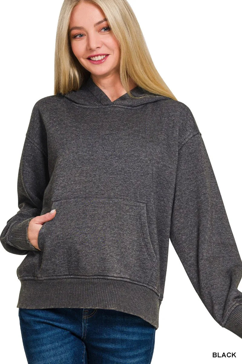 Zenana Fleece Acid Wash Kangaroo Pocket Hoodie - Bitsy Gypsy Boutique