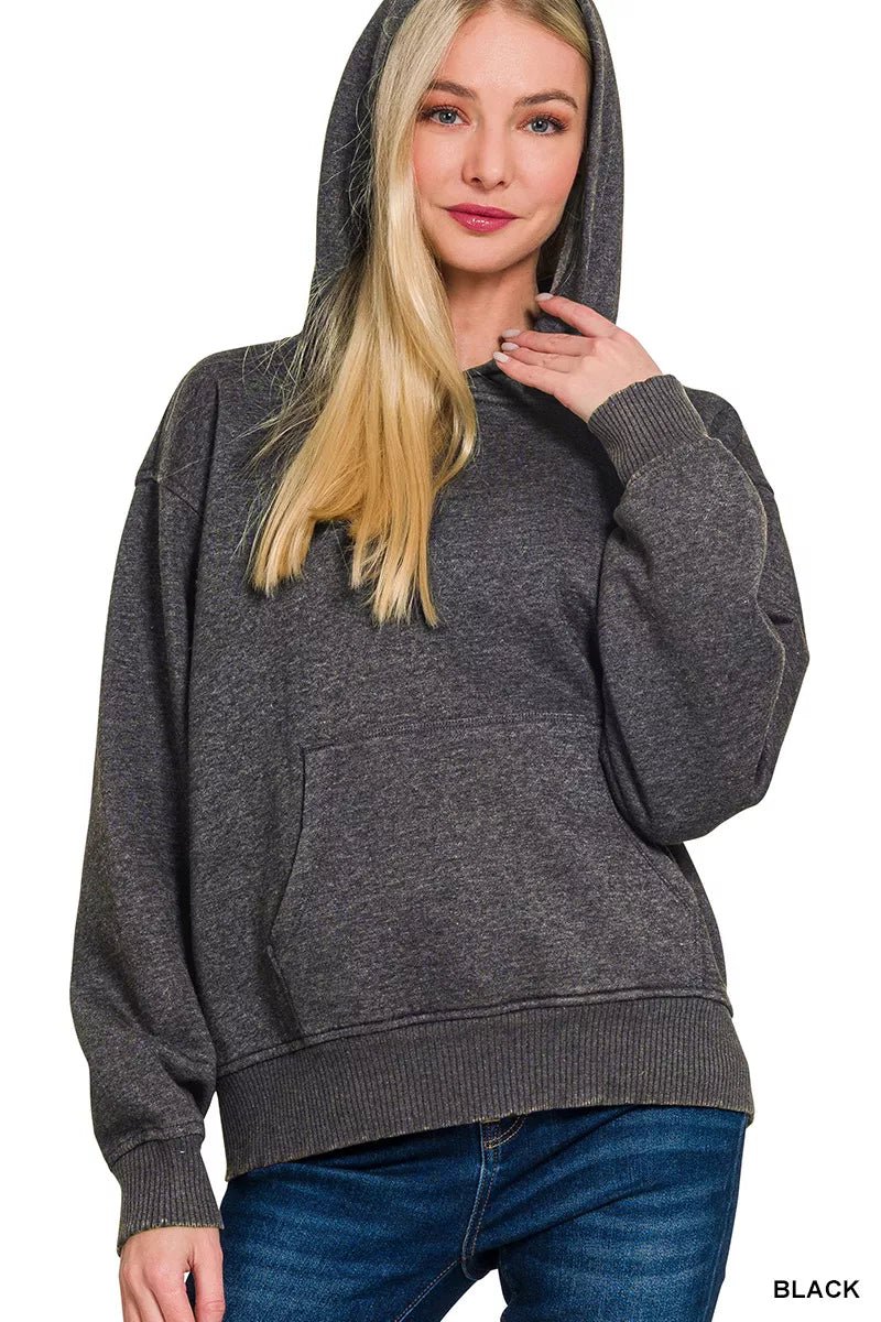 Zenana Fleece Acid Wash Kangaroo Pocket Hoodie - Bitsy Gypsy Boutique