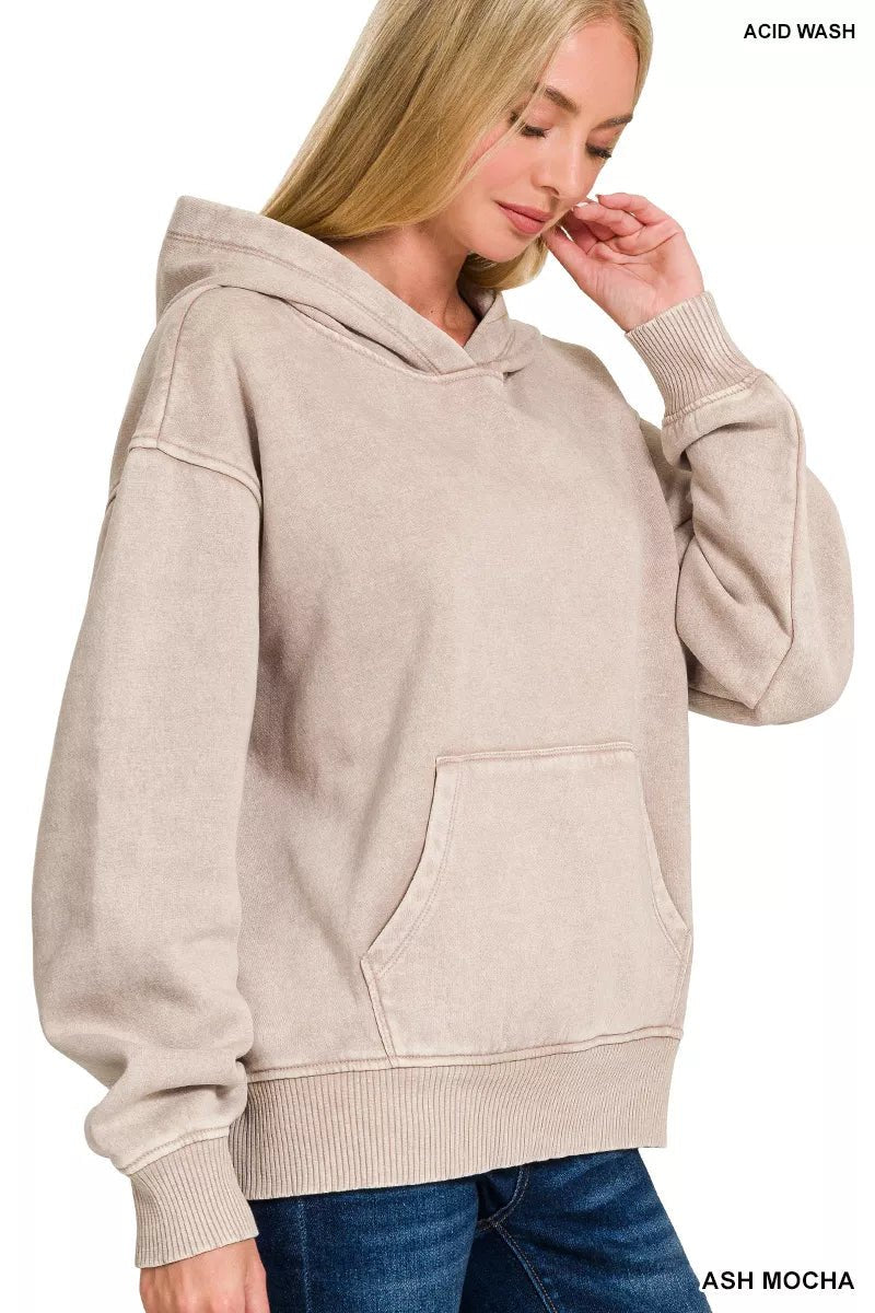 Zenana Fleece Acid Wash Kangaroo Pocket Hoodie - Bitsy Gypsy Boutique