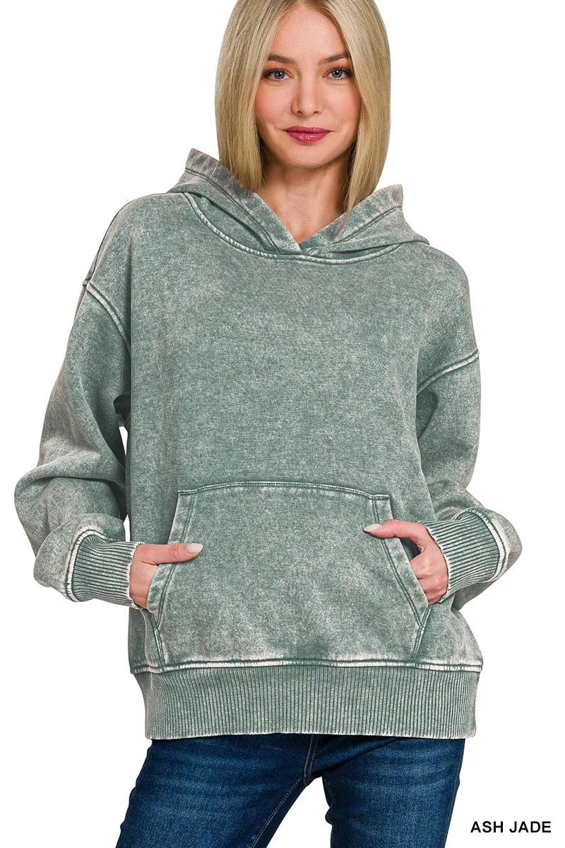 Zenana Fleece Acid Wash Kangaroo Pocket Hoodie - Bitsy Gypsy Boutique