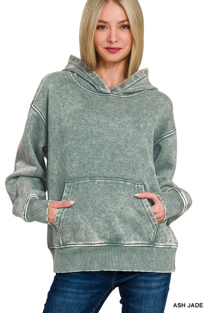 Zenana Fleece Acid Wash Kangaroo Pocket Hoodie - Bitsy Gypsy Boutique