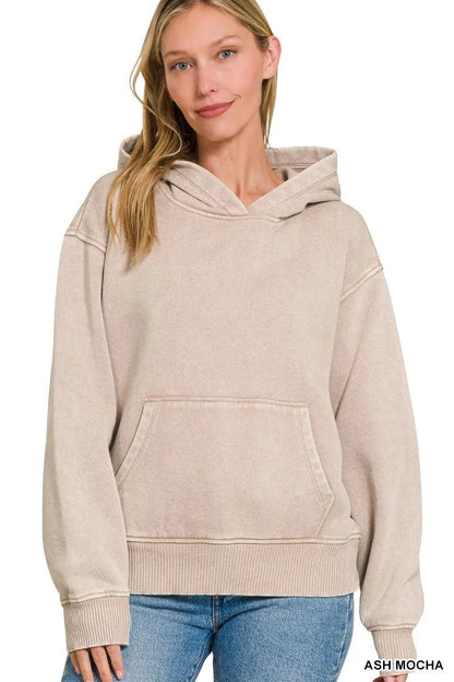 Zenana Fleece Acid Wash Kangaroo Pocket Hoodie - Bitsy Gypsy Boutique