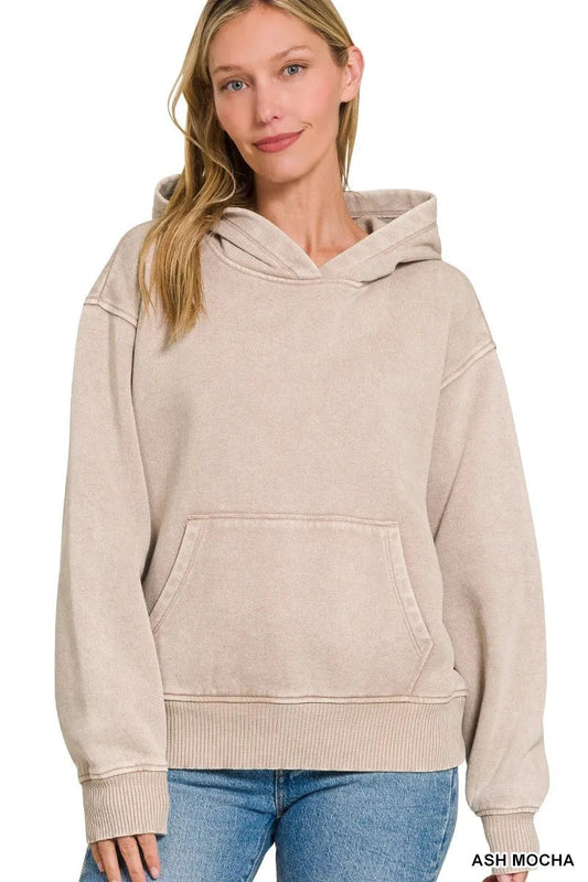 Zenana Fleece Acid Wash Kangaroo Pocket Hoodie - Bitsy Gypsy Boutique