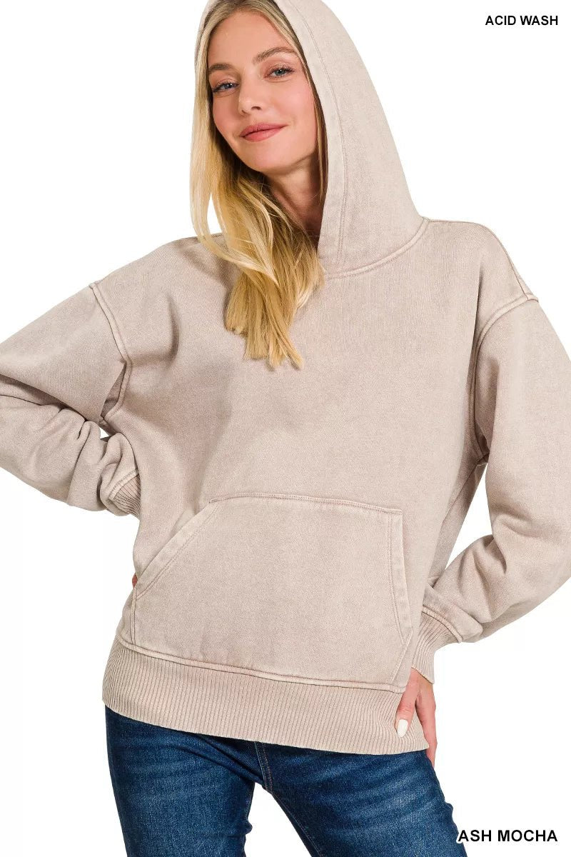 Zenana Fleece Acid Wash Kangaroo Pocket Hoodie - Bitsy Gypsy Boutique