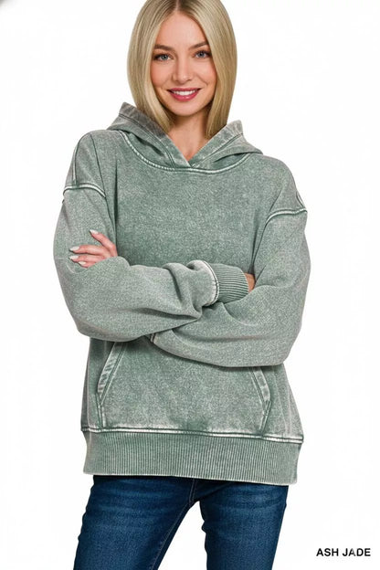 Zenana Fleece Acid Wash Kangaroo Pocket Hoodie - Bitsy Gypsy Boutique