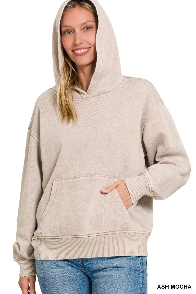 Zenana Fleece Acid Wash Kangaroo Pocket Hoodie - Bitsy Gypsy Boutique