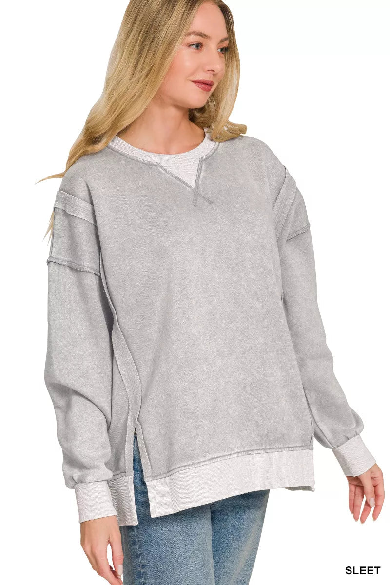 Zenana Fleece Acid Washed Contrast Trim Pullover - Bitsy Gypsy Boutique