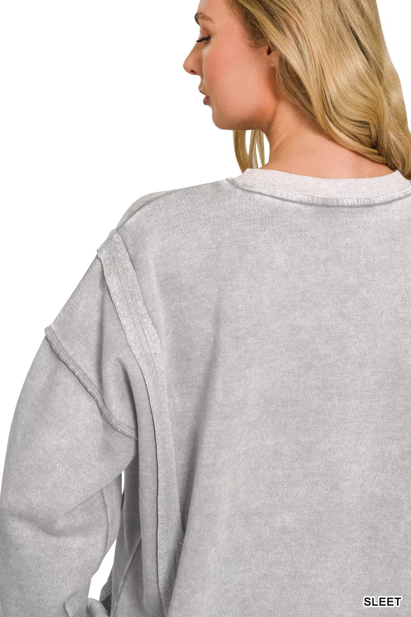 Zenana Fleece Acid Washed Contrast Trim Pullover - Bitsy Gypsy Boutique