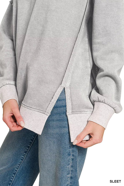Zenana Fleece Acid Washed Contrast Trim Pullover - Bitsy Gypsy Boutique