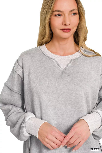 Zenana Fleece Acid Washed Contrast Trim Pullover - Bitsy Gypsy Boutique