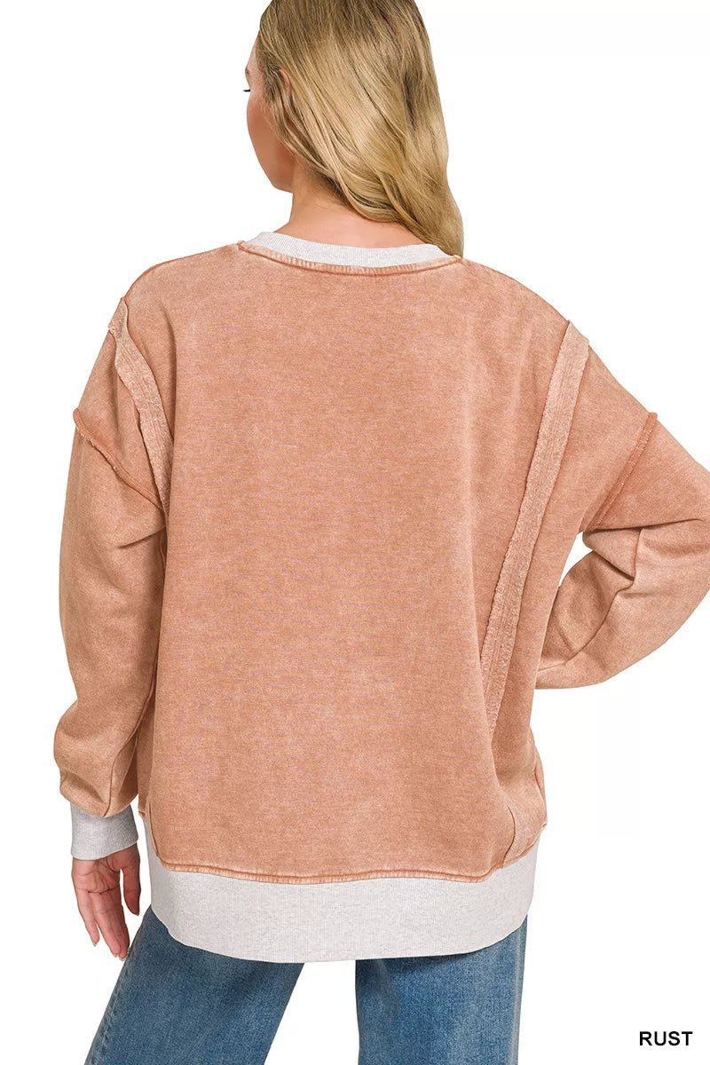 Zenana Fleece Acid Washed Contrast Trim Sweatshirt - Bitsy Gypsy Boutique