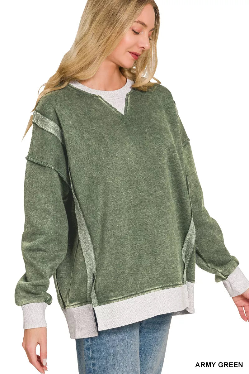 Zenana Fleece Acid Washed Contrast Trim Sweatshirt - Bitsy Gypsy Boutique