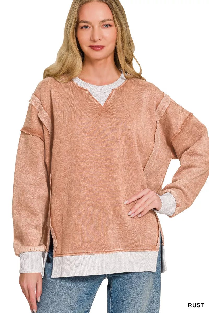 Zenana Fleece Acid Washed Contrast Trim Sweatshirt - Bitsy Gypsy Boutique