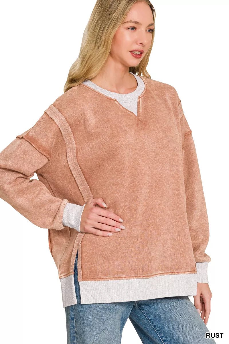 Zenana Fleece Acid Washed Contrast Trim Sweatshirt - Bitsy Gypsy Boutique
