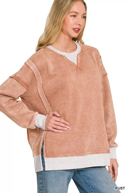 Zenana Fleece Acid Washed Contrast Trim Sweatshirt - Bitsy Gypsy Boutique