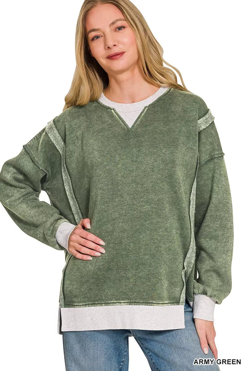 Zenana Fleece Acid Washed Contrast Trim Sweatshirt - Bitsy Gypsy Boutique