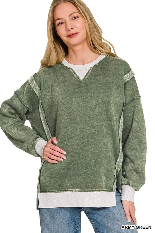 Zenana Fleece Acid Washed Contrast Trim Sweatshirt - Bitsy Gypsy Boutique