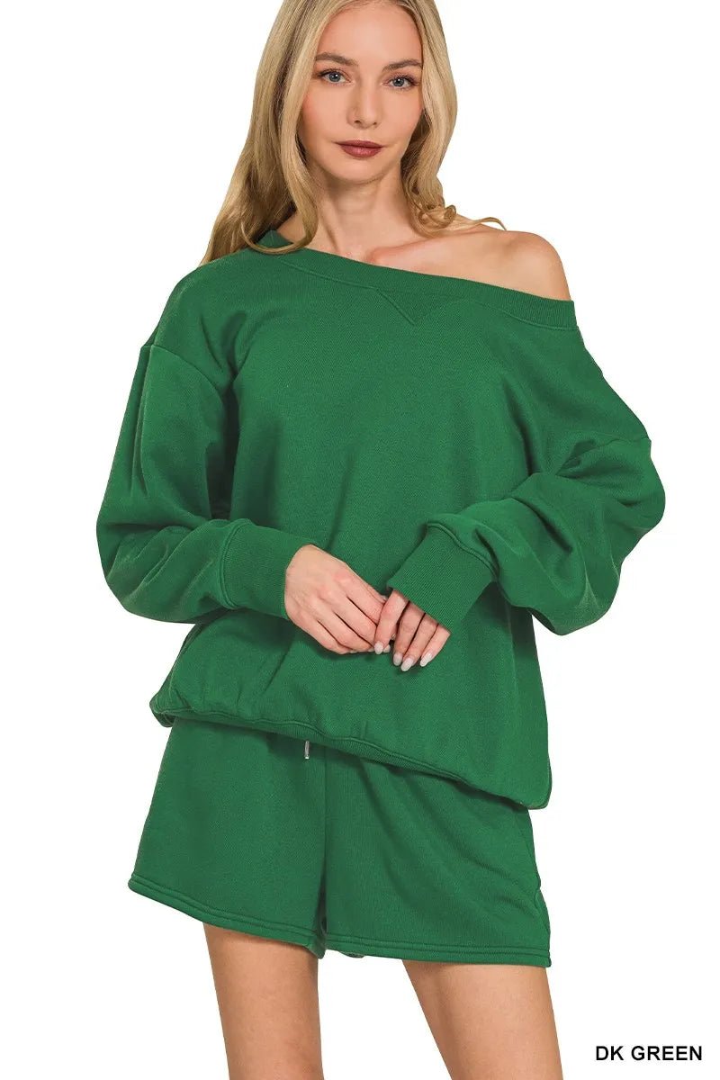Zenana Fleece Boat Neck Sweatshirt and Shorts Set - Bitsy Gypsy Boutique