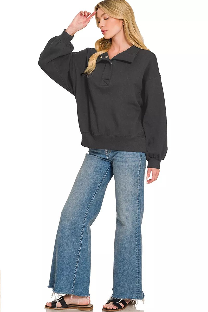 Zenana Fleece Half Snap Button Sweatshirt - Bitsy Gypsy Boutique