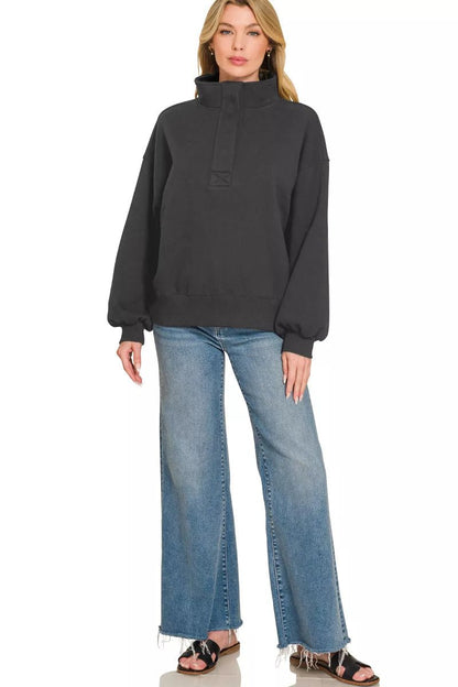 Zenana Fleece Half Snap Button Sweatshirt - Bitsy Gypsy Boutique