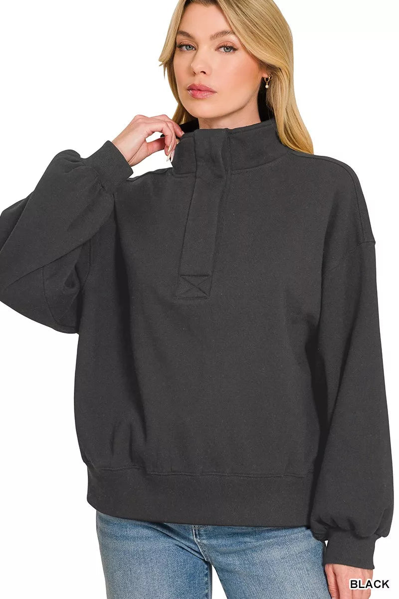 Zenana Fleece Half Snap Button Sweatshirt - Bitsy Gypsy Boutique