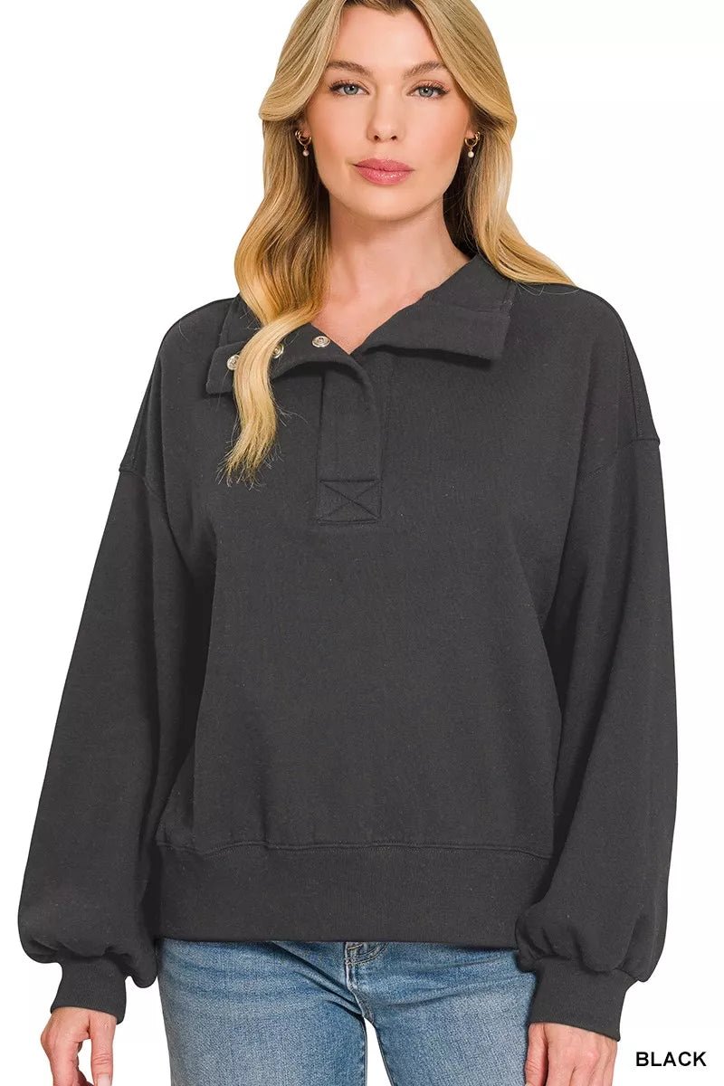 Zenana Fleece Half Snap Button Sweatshirt - Bitsy Gypsy Boutique