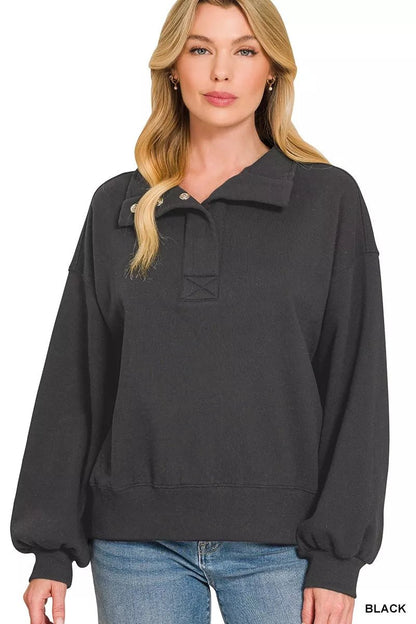 Zenana Fleece Half Snap Button Sweatshirt - Bitsy Gypsy Boutique