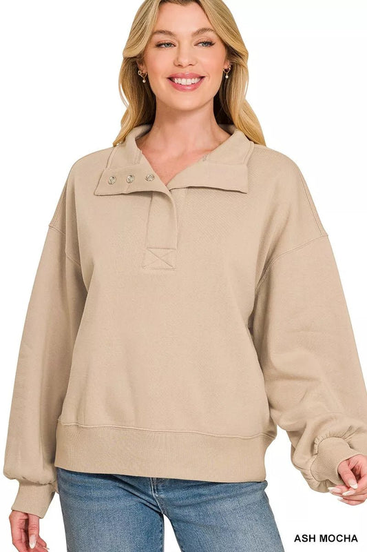 Zenana Fleece Half Snap Button Sweatshirt - Bitsy Gypsy Boutique