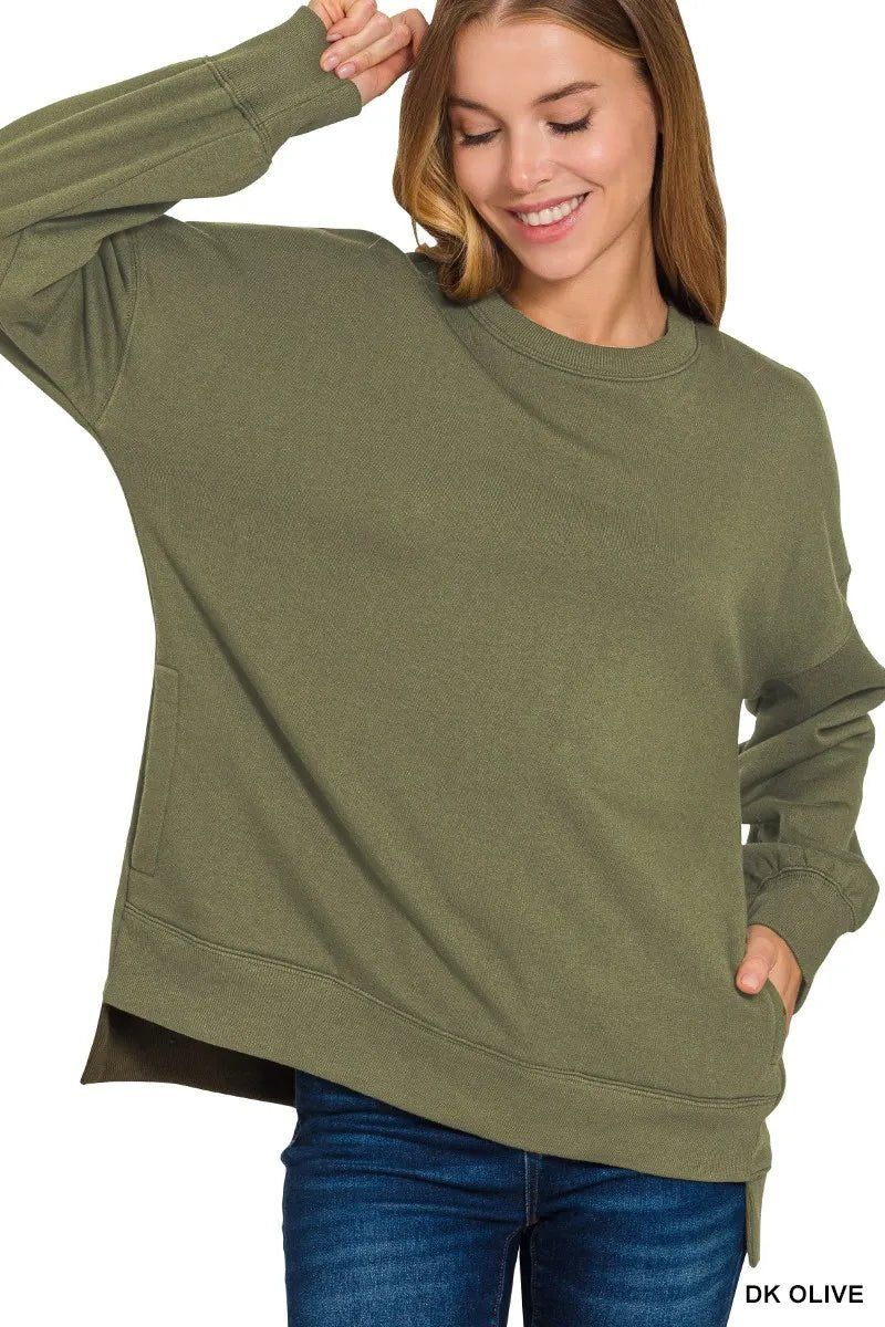 Zenana Fleece Hi - low Boyfriend Sweatshirts with Pockets - Bitsy Gypsy Boutique