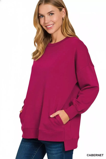 Zenana Fleece Hi - low Boyfriend Sweatshirts with Pockets - Bitsy Gypsy Boutique