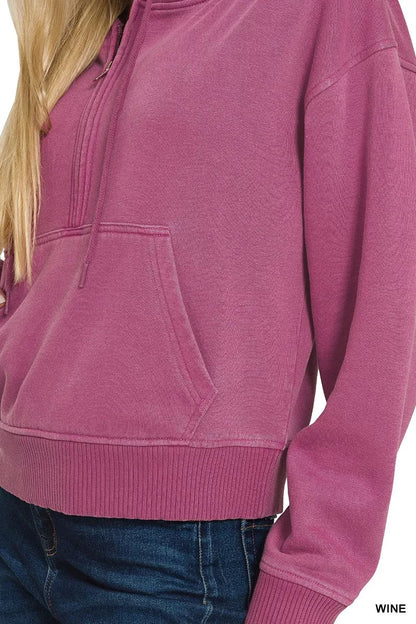 Zenana Fleece Pigment Dye Half Zip Kangaroo Pocket Hoodie - Bitsy Gypsy Boutique