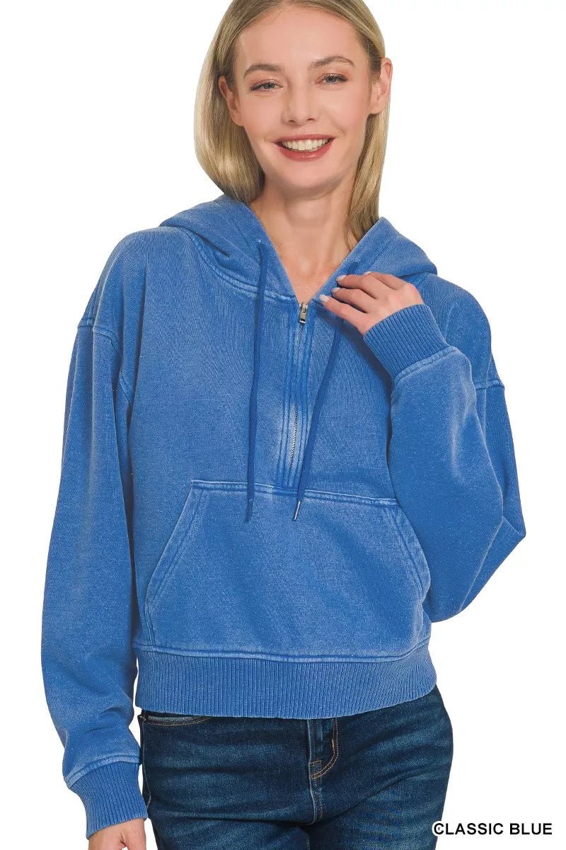 Zenana Fleece Pigment Dye Half Zip Kangaroo Pocket Hoodie - Bitsy Gypsy Boutique
