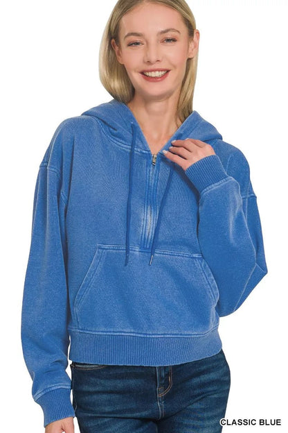 Zenana Fleece Pigment Dye Half Zip Kangaroo Pocket Hoodie - Bitsy Gypsy Boutique
