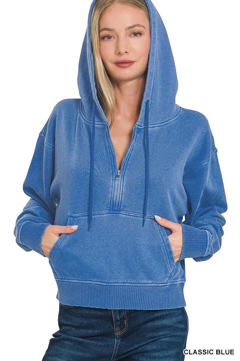 Zenana Fleece Pigment Dye Half Zip Kangaroo Pocket Hoodie - Bitsy Gypsy Boutique