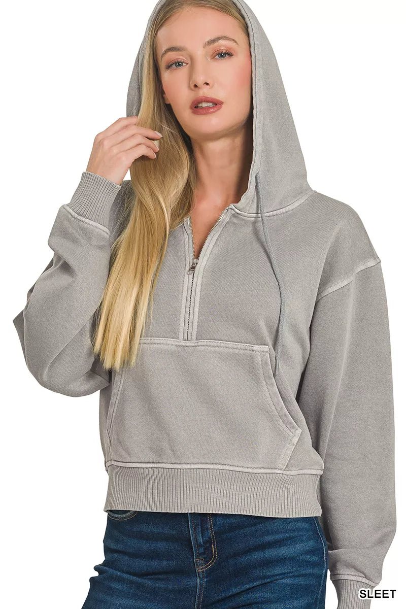 Zenana Fleece Pigment Dye Half Zip Kangaroo Pocket Hoodie - Bitsy Gypsy Boutique