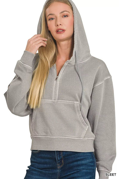 Zenana Fleece Pigment Dye Half Zip Kangaroo Pocket Hoodie - Bitsy Gypsy Boutique