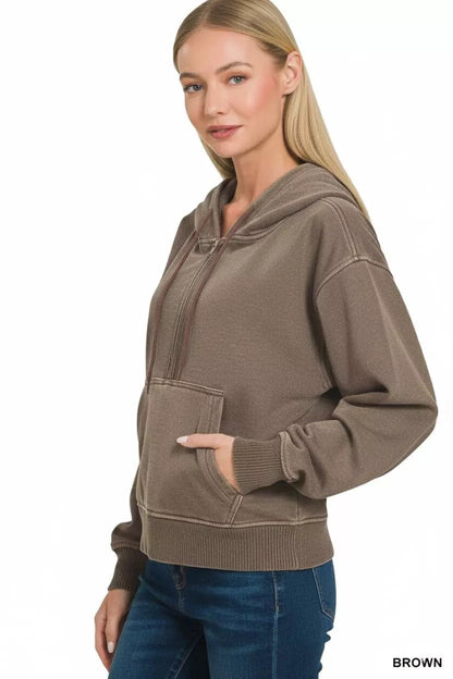 Zenana Fleece Pigment Dye Half Zip Kangaroo Pocket Hoodie - Bitsy Gypsy Boutique