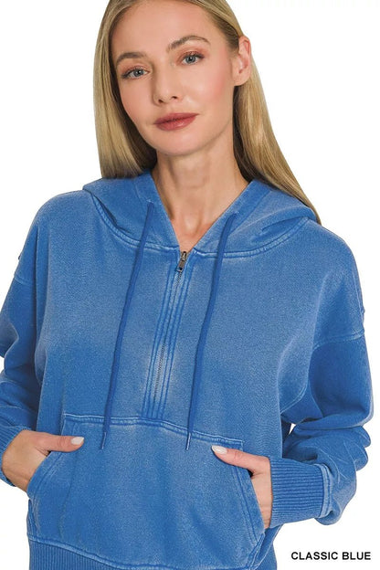 Zenana Fleece Pigment Dye Half Zip Kangaroo Pocket Hoodie - Bitsy Gypsy Boutique