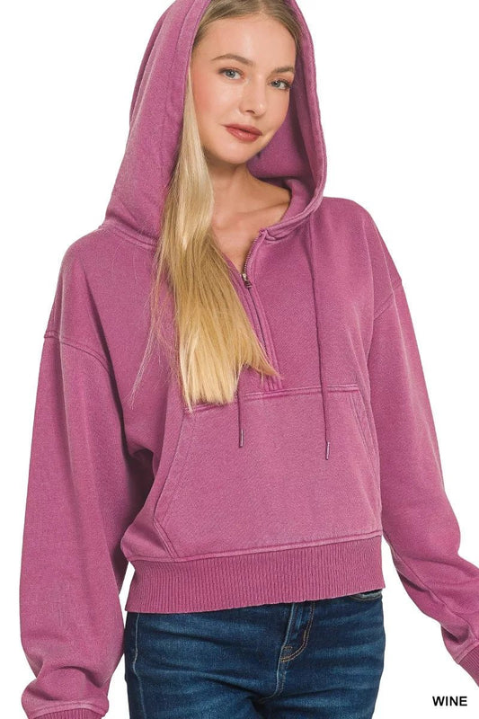 Zenana Fleece Pigment Dye Half Zip Kangaroo Pocket Hoodie - Bitsy Gypsy Boutique