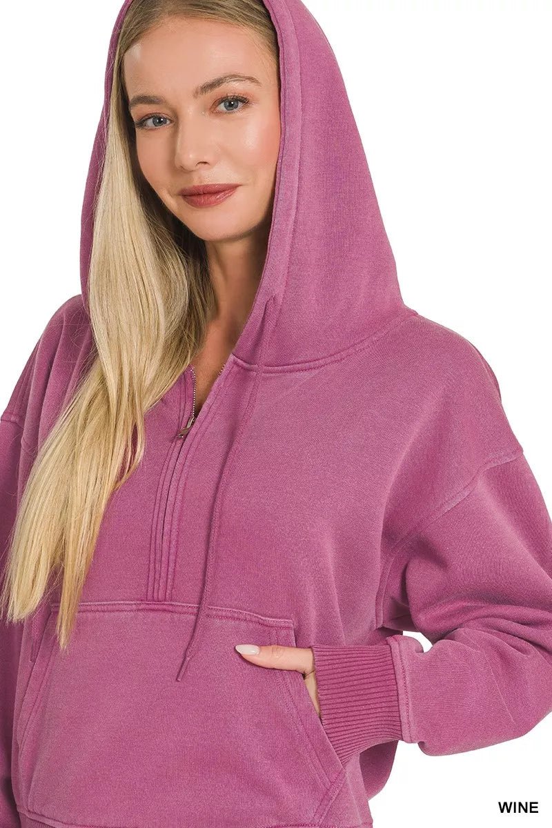 Zenana Fleece Pigment Dye Half Zip Kangaroo Pocket Hoodie - Bitsy Gypsy Boutique