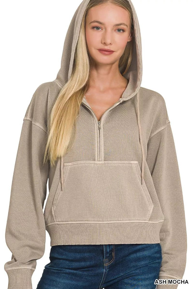 Zenana Fleece Pigment Dye Half Zip Kangaroo Pocket Hoodie - Bitsy Gypsy Boutique