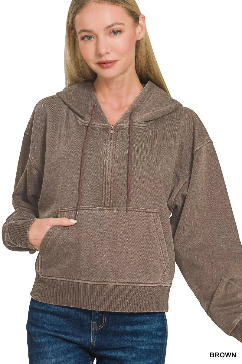 Zenana Fleece Pigment Dye Half Zip Kangaroo Pocket Hoodie - Bitsy Gypsy Boutique