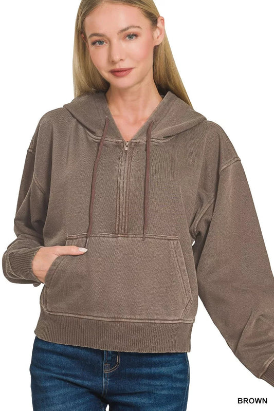 Zenana Fleece Pigment Dye Half Zip Kangaroo Pocket Hoodie - Bitsy Gypsy Boutique