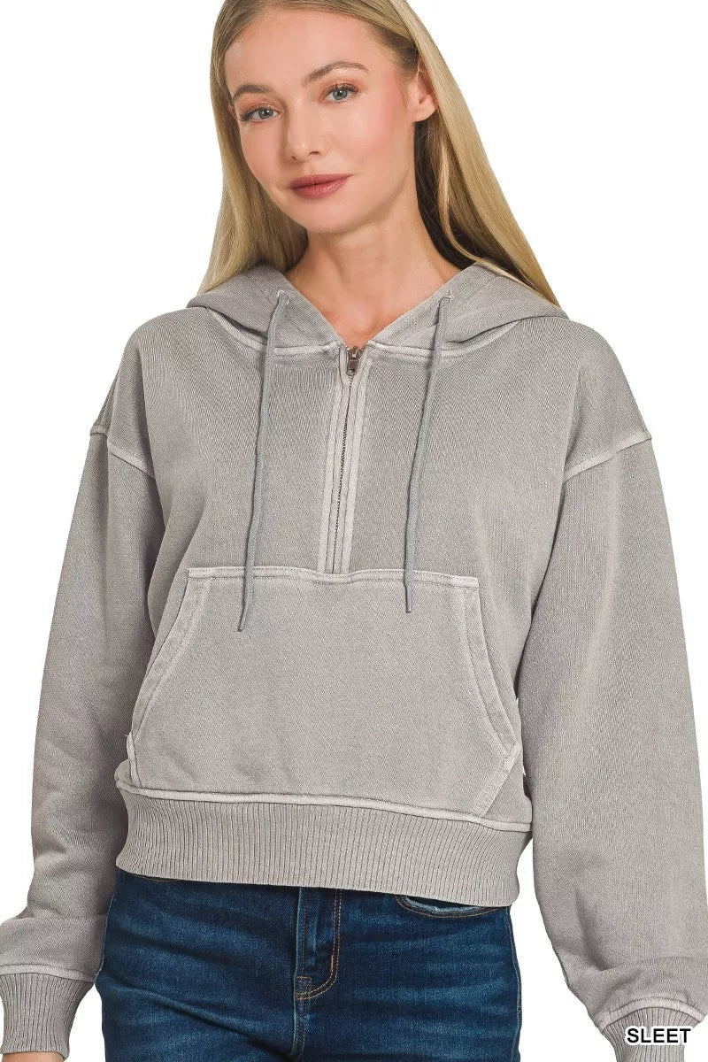 Zenana Fleece Pigment Dye Half Zip Kangaroo Pocket Hoodie - Bitsy Gypsy Boutique